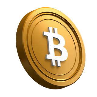 Moneda de Bitcoin (BTC) en posición inclinada dentro del diseño del hero